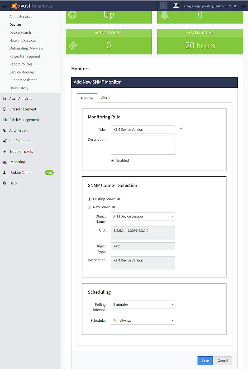 Screenshot of AVG Business Site Management, Monitors, Add New SNMP Monitor dialog box